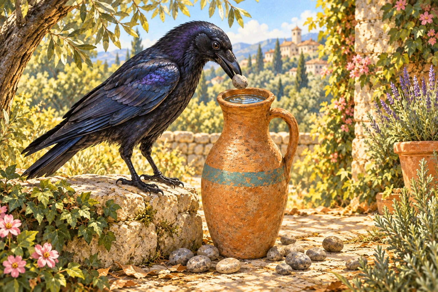 The crow holds a pebble above the pitcher's opening. The water has risen close to the rim.