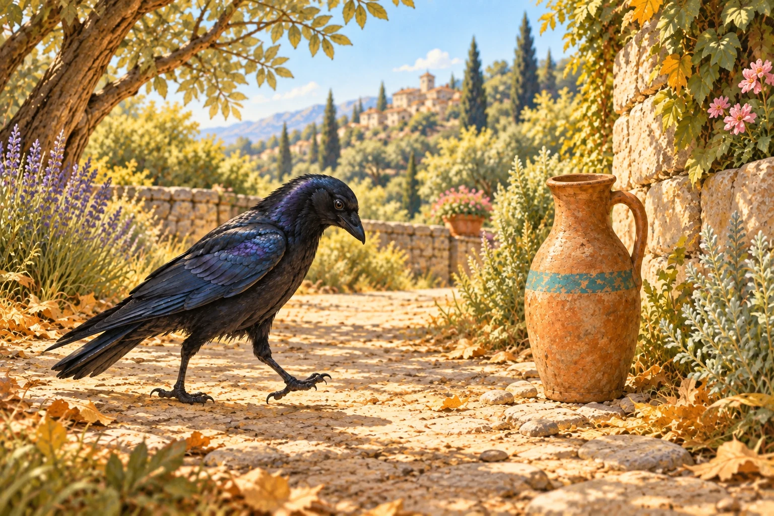 A crow discovers a clay pitcher on a dry garden path.