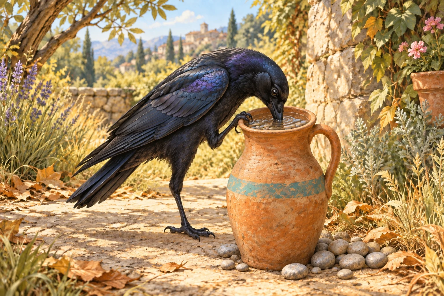 The crow drinks from the water that has risen to the rim of the pitcher.
