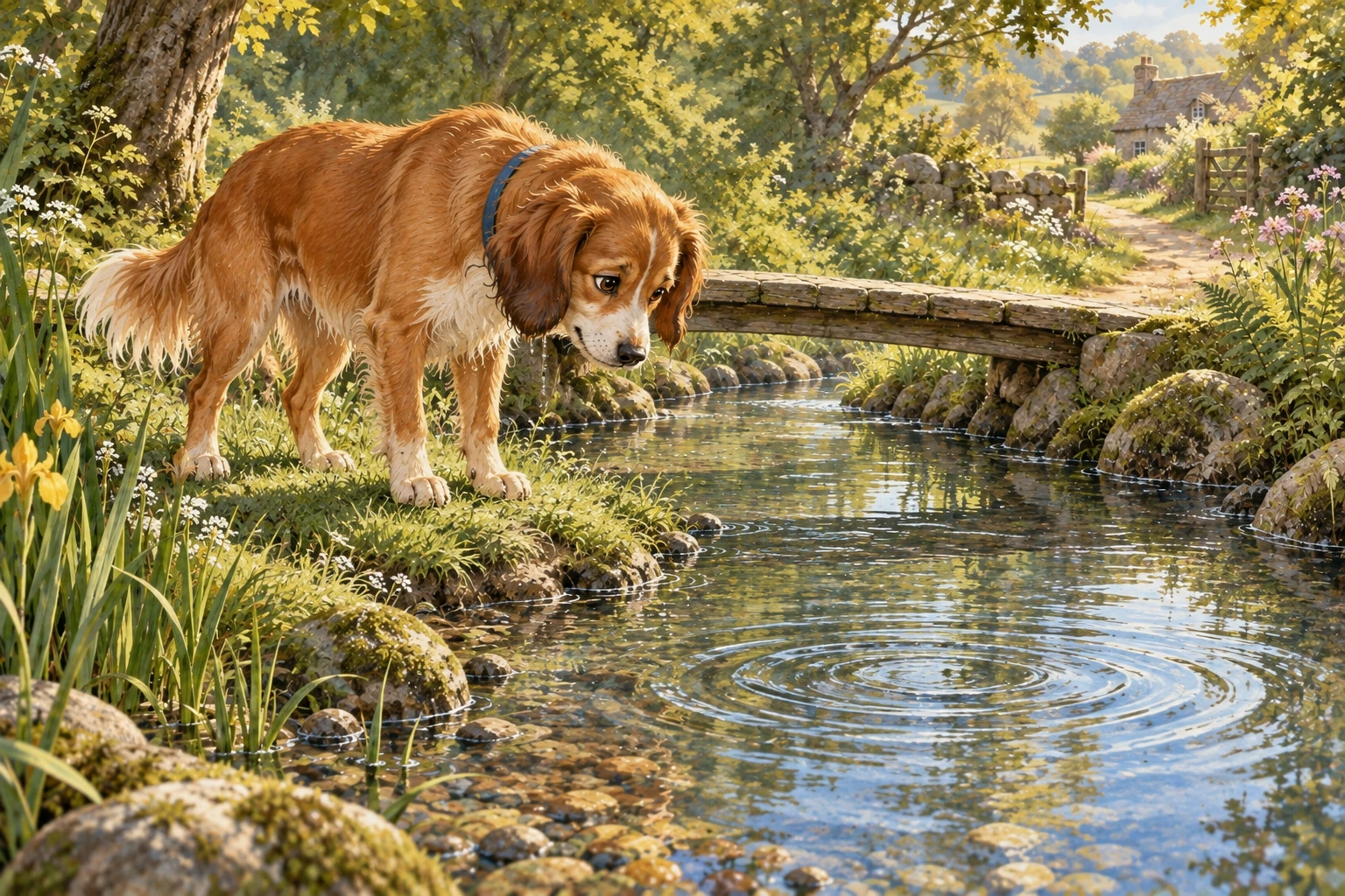 The wet dog stands safely on the stream bank with an empty mouth. Ripples spread beneath the bridge.