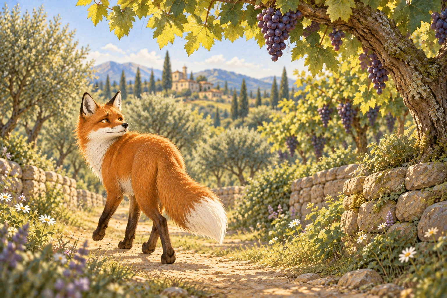 The fox walks away from the vine, looking back at the untouched grapes with a disappointed expression.