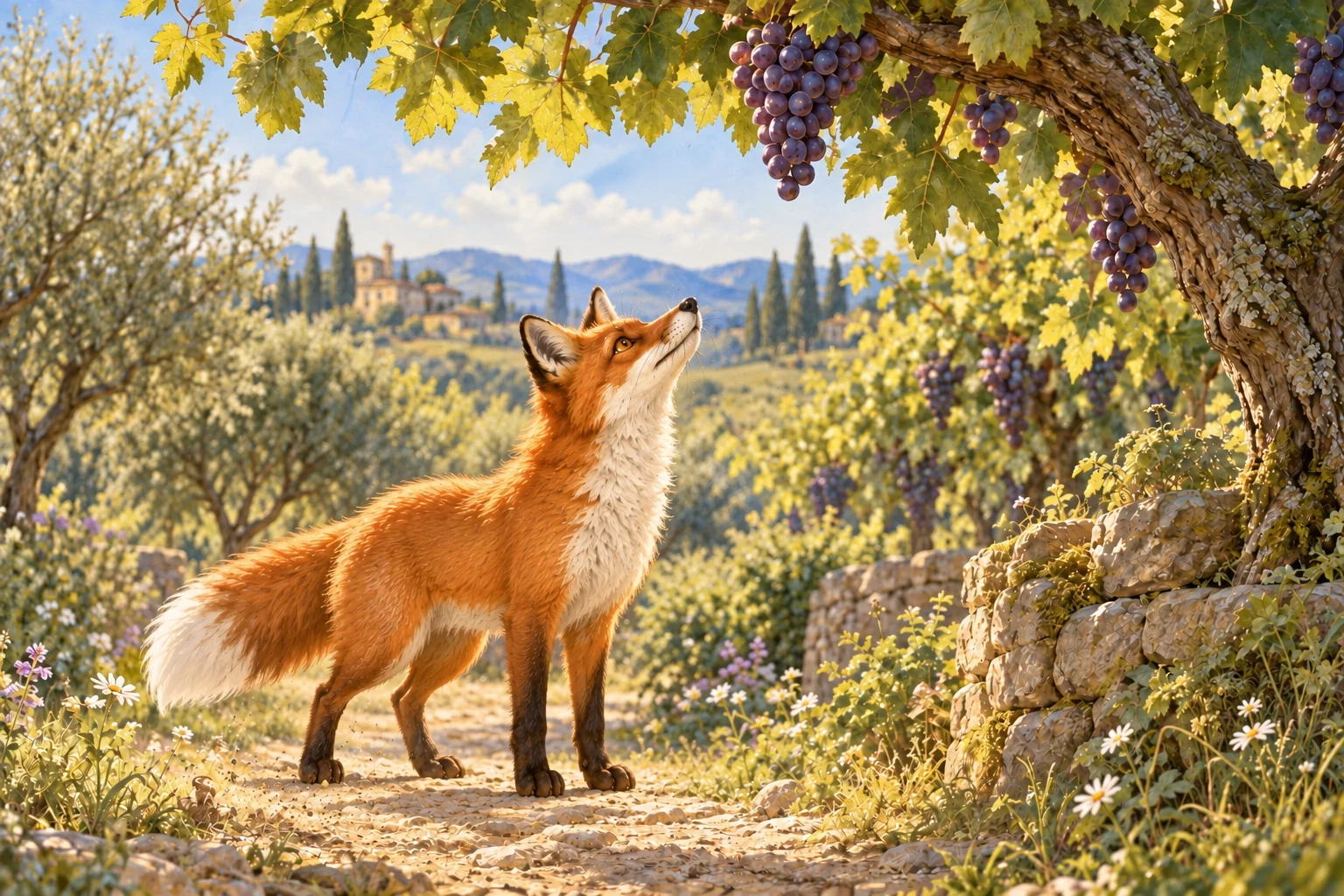 A fox stands on the path looking up at ripe grapes high in a vine.