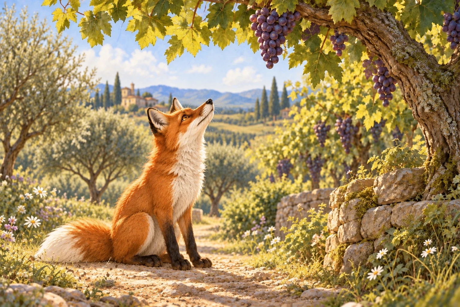 The fox sits beneath the vine and frowns at the unreachable grapes.