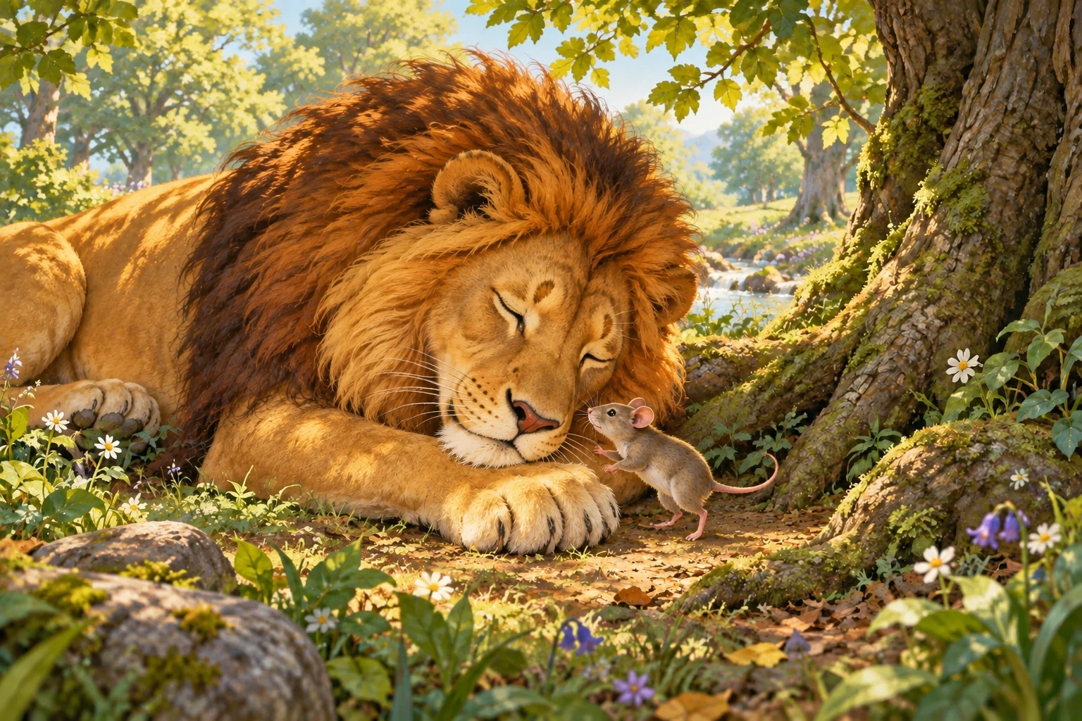 A little mouse approaches the sleeping lion beneath a tree.