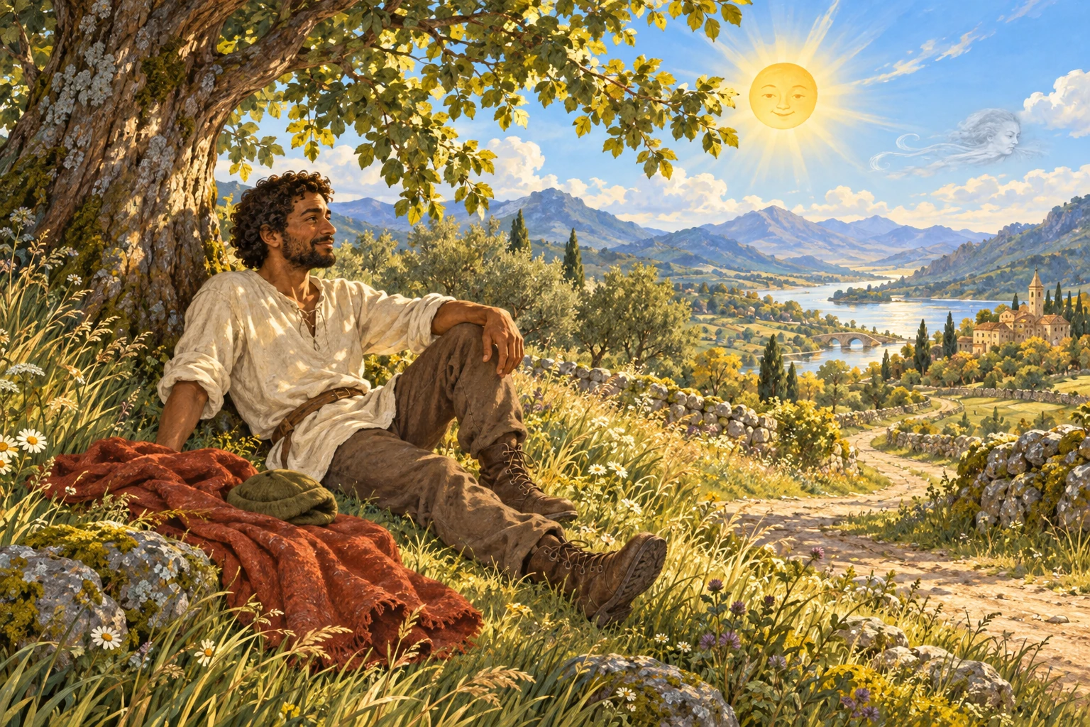 The traveler rests in the shade of a tree with his cloak and cap beside him as the Sun shines warmly.
