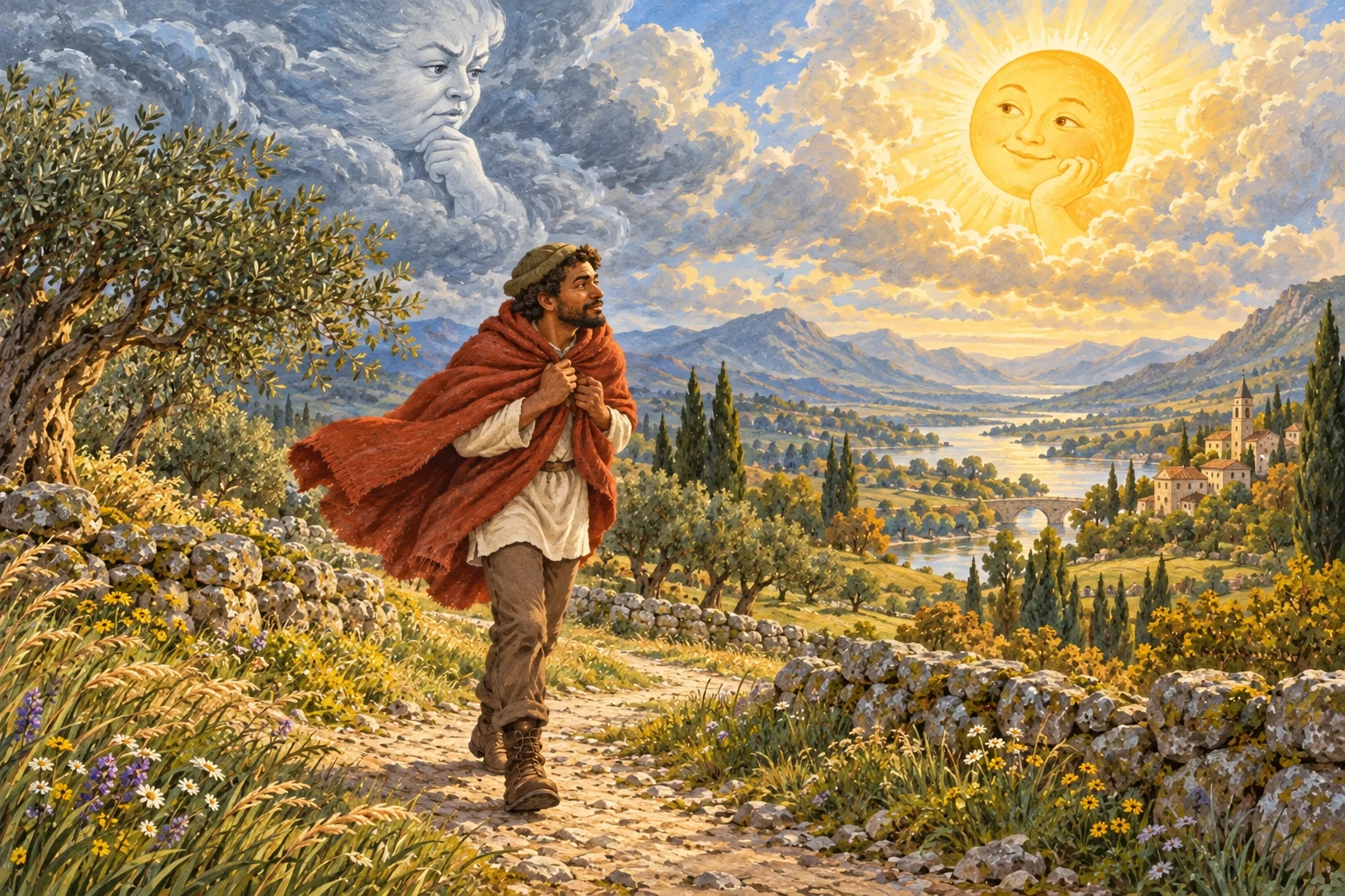 The traveler walks along the road while the Wind and Sun look down from the sky.