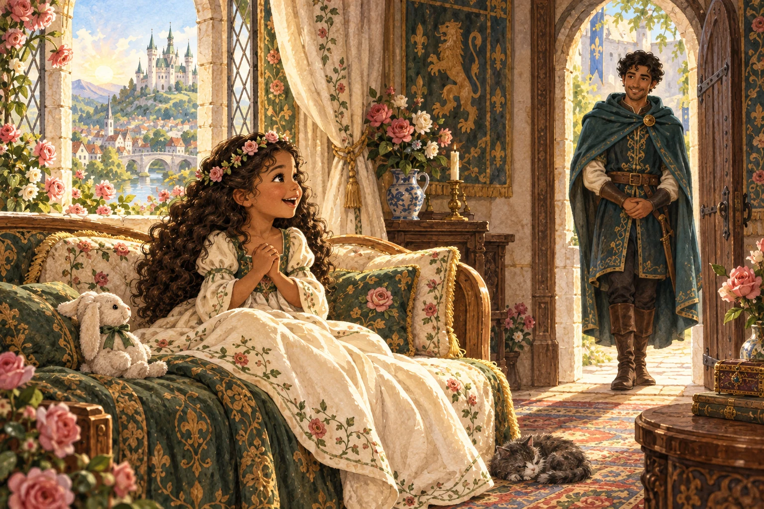 Rose sits awake in morning light while the prince greets her respectfully from the doorway.