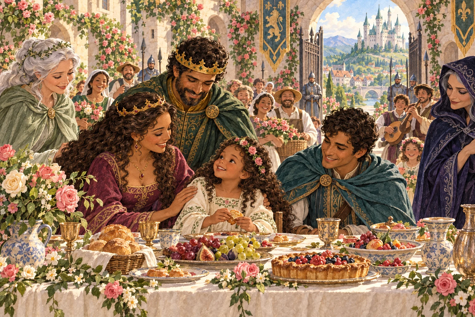 Rose reunites with her parents as villagers gather for breakfast in the flowering courtyard.