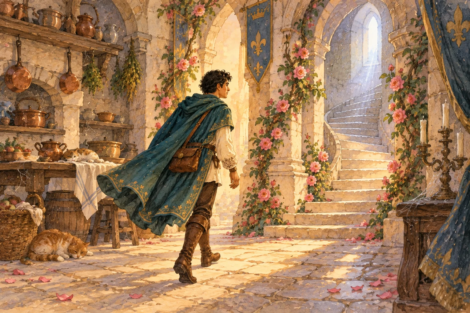 He passed the quiet kitchen and followed a faint silver light toward the narrow tower stair.