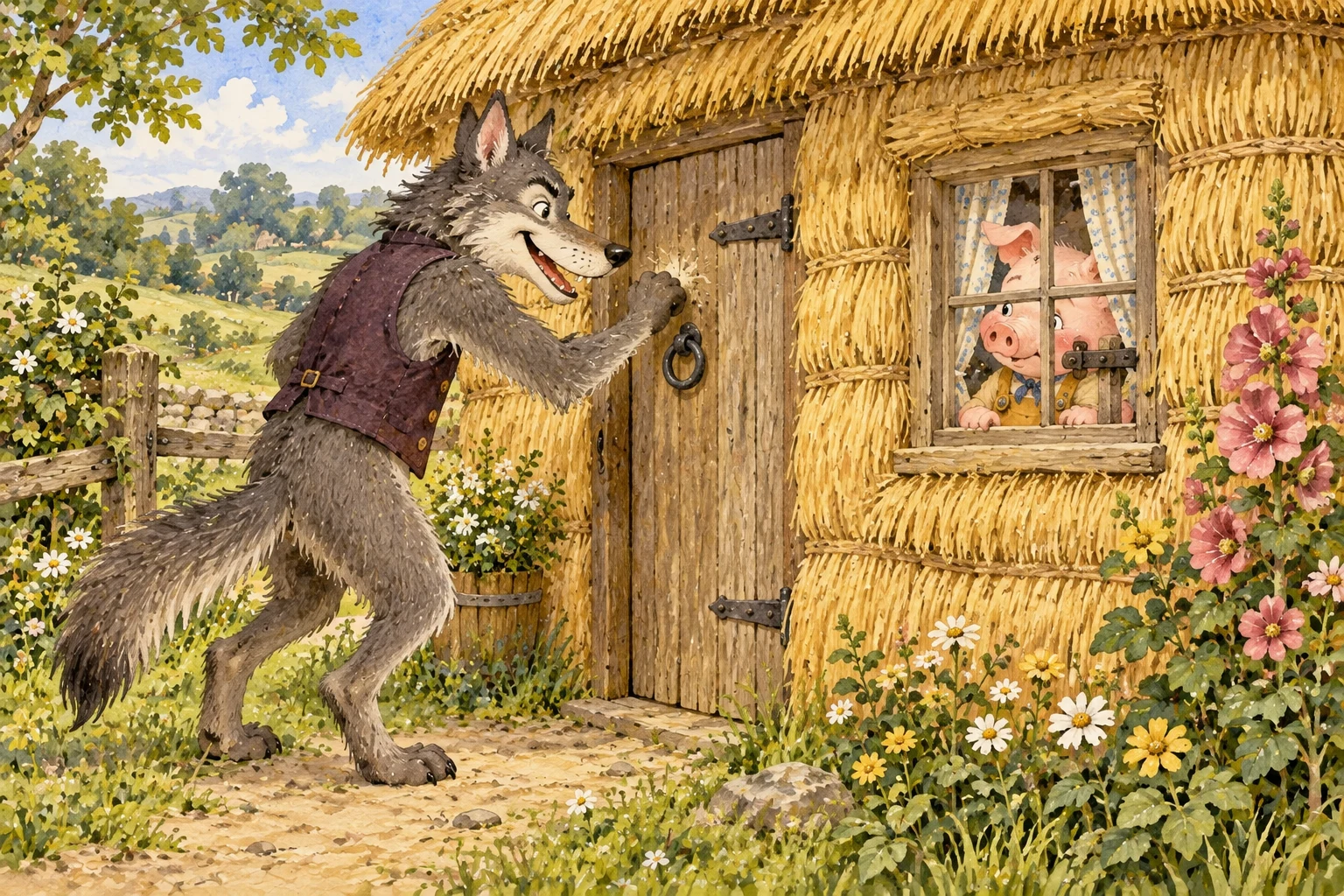 The wolf knocks on the straw-house door while the first pig keeps it shut.
