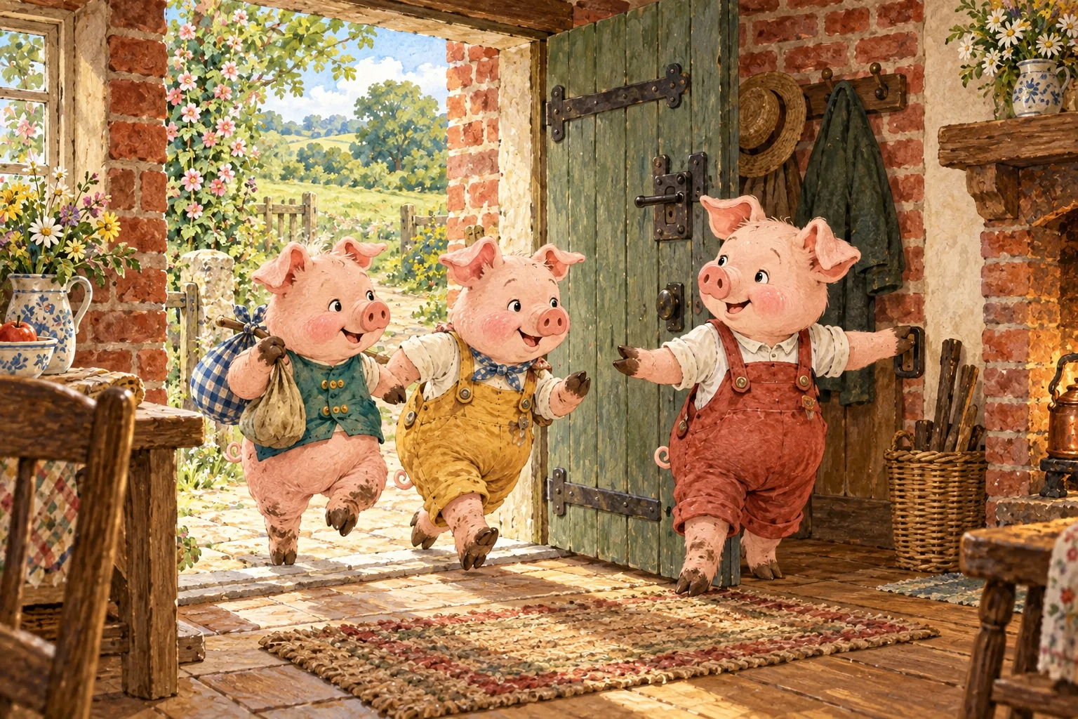 The third pig holds his brick-house door open for his two brothers.