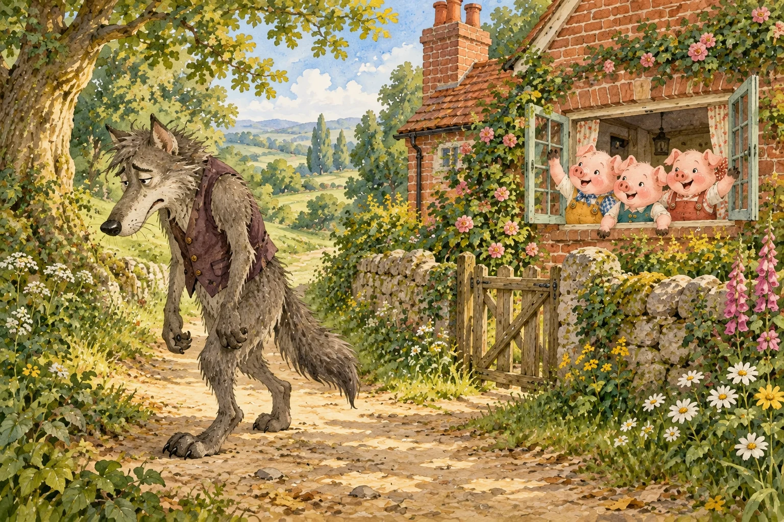 The tired wolf walks into the woods while the pigs open their cottage window.