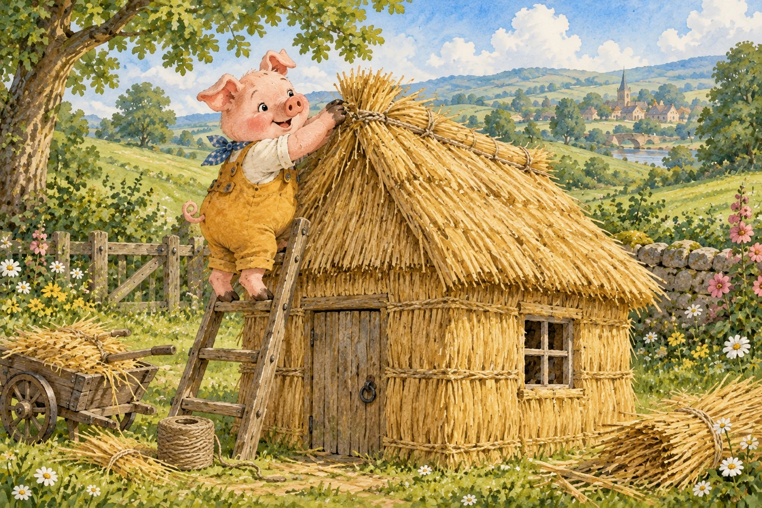 The pig in yellow overalls ties the roof of his golden straw house.