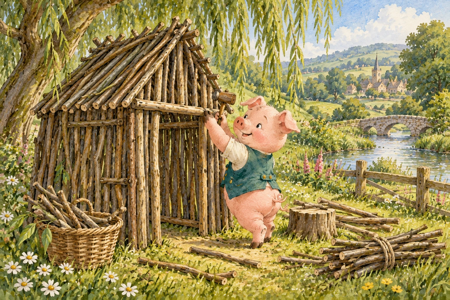 The pig in a teal vest builds a stick house beside a willow tree.