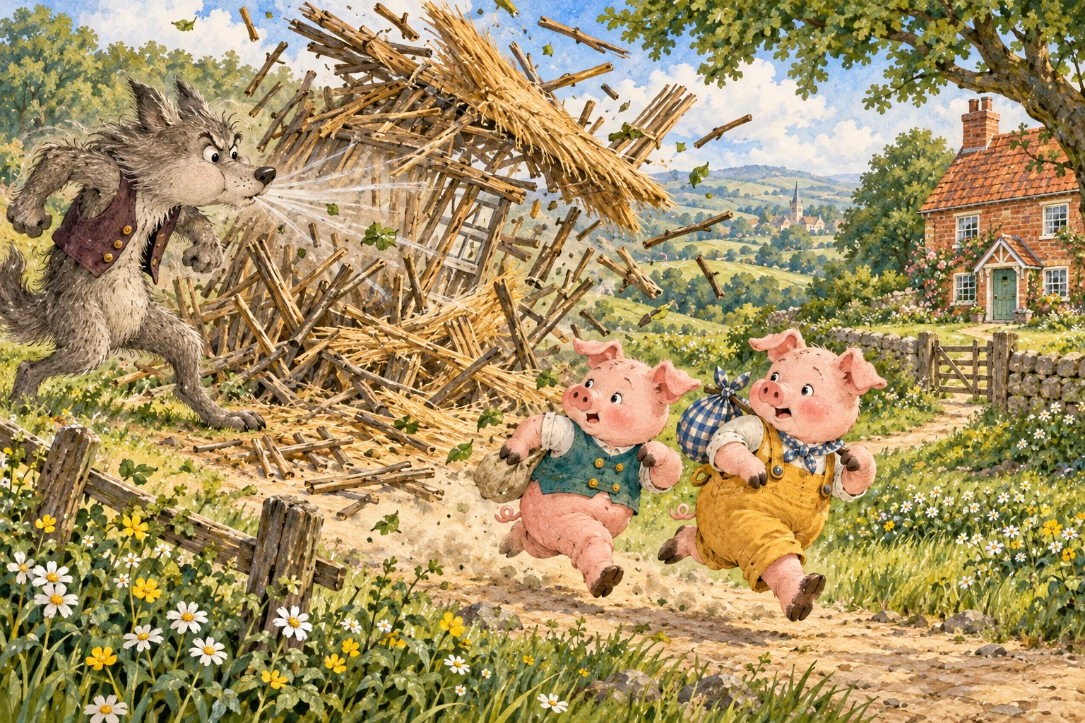Two pigs run toward the brick cottage while the wolf blows down the stick house.