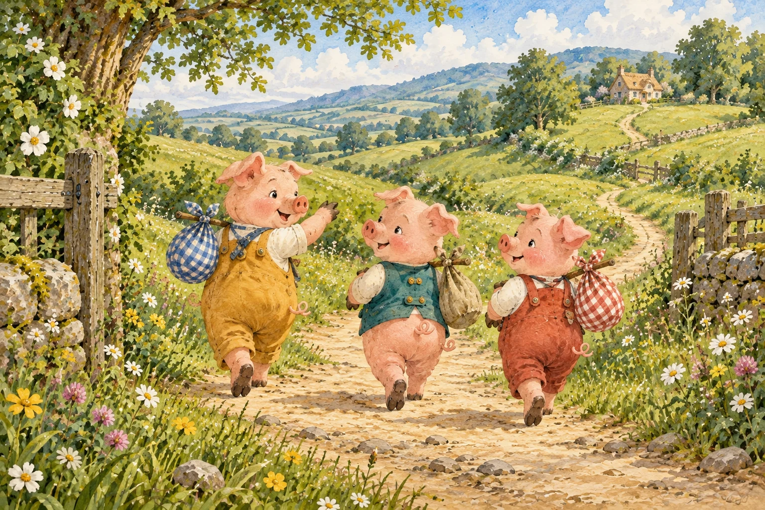 Three pig siblings carry their bundles along a sunny meadow path.